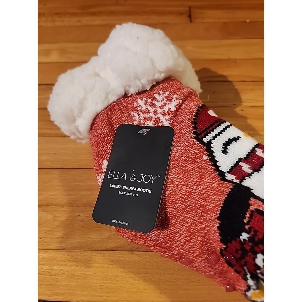 Penguins Ella & Joy Sherpa Non Slip Bootie Socks Size 9 - 11 Christmas Winter